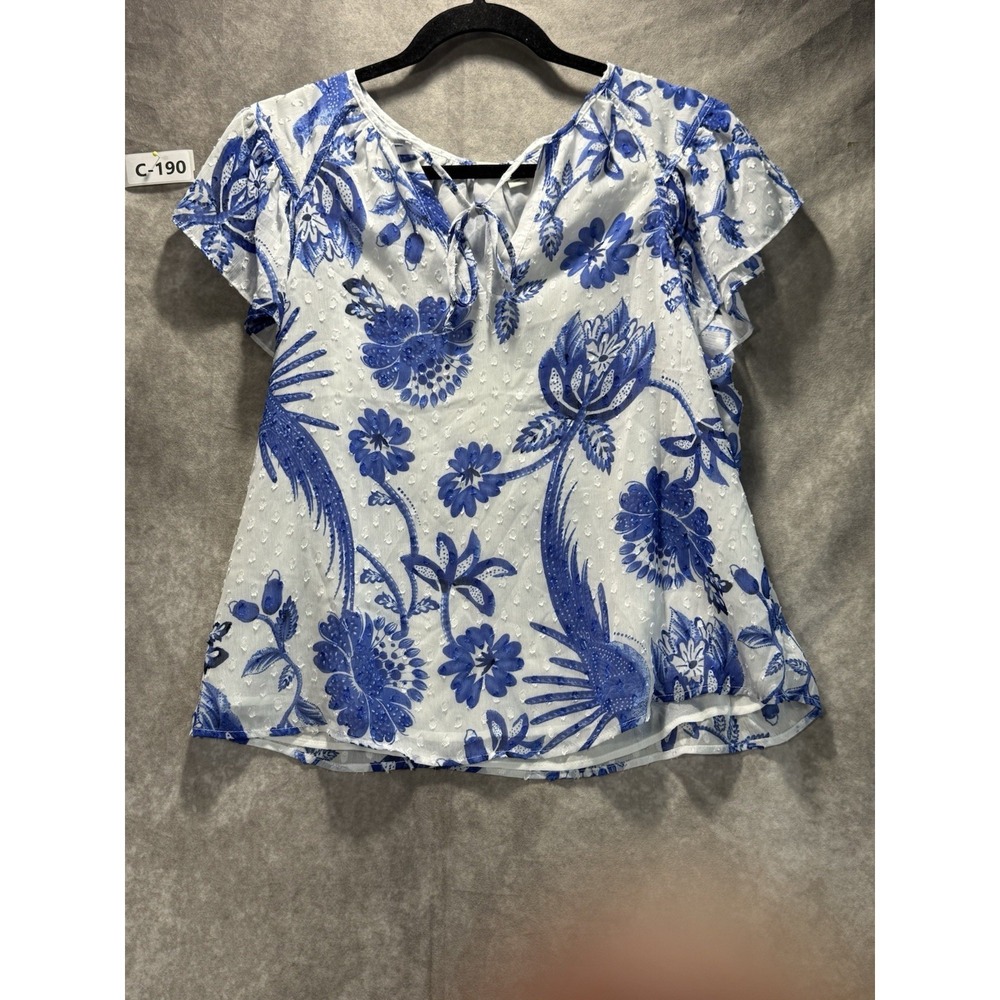 Joie Blouse Women's Size S/P Blue White Flutter Sleeve V-Neck Tie Front